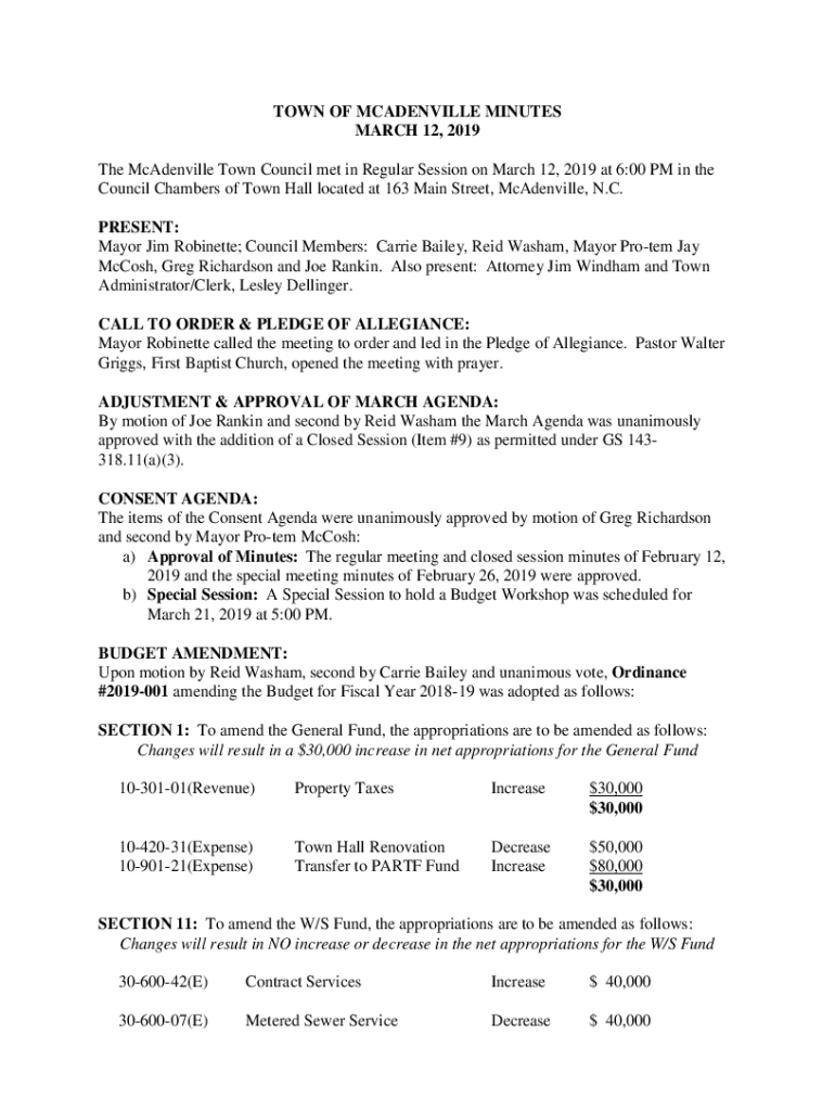 Fillable Online The McAdenville Town Council met in Regular Session on March 12, 2019 at 600 PM