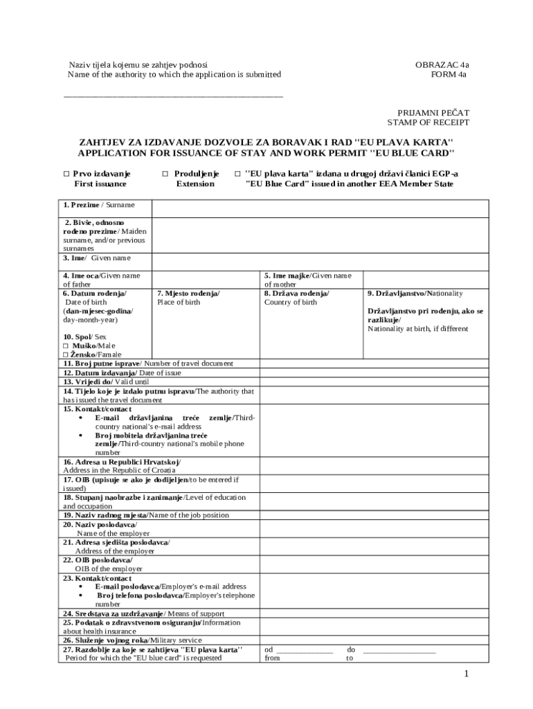 Zahtjev za dozvolu za boravak i rad za EU plavu kartu ( ... Doc ...