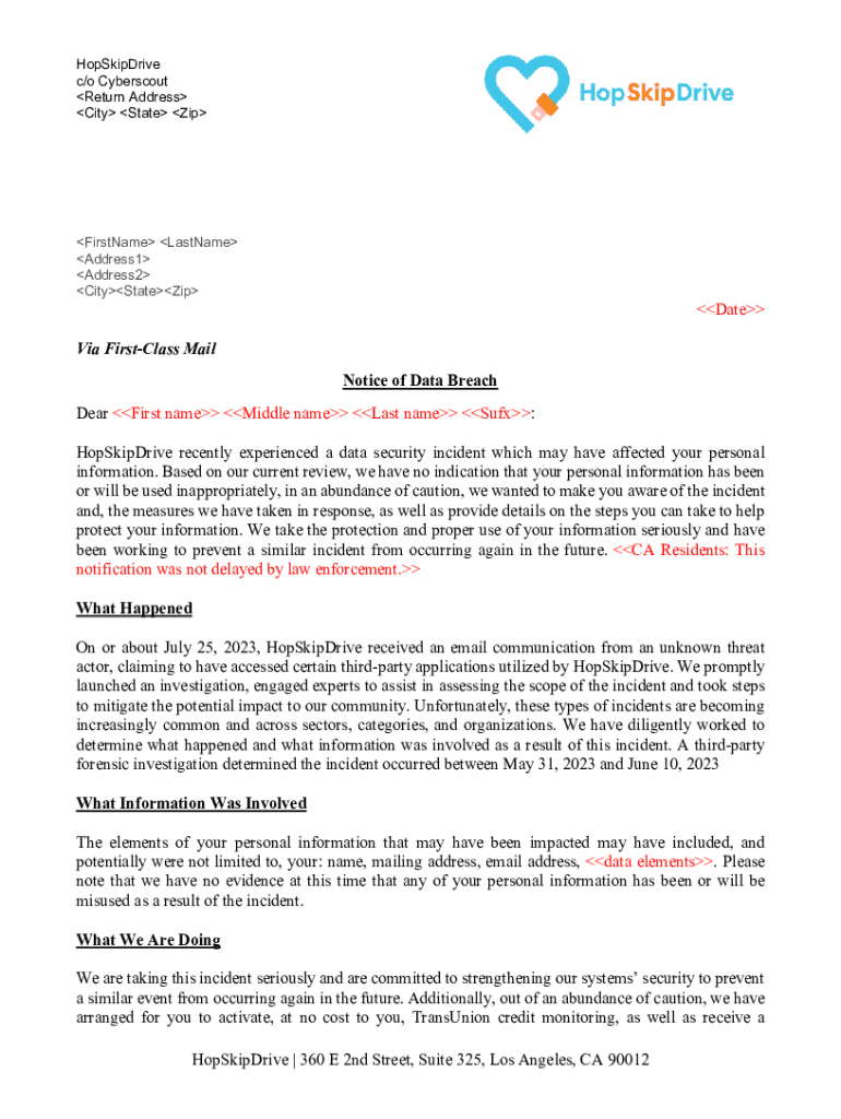 Fillable Online oag ca Via First-Class Mail Notice of Data Security ...