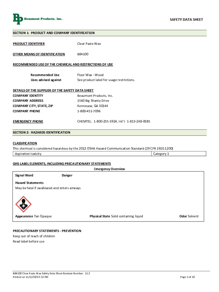 Fillable Online Trewax Clear Paste Wax Safety Data Sheet Revision