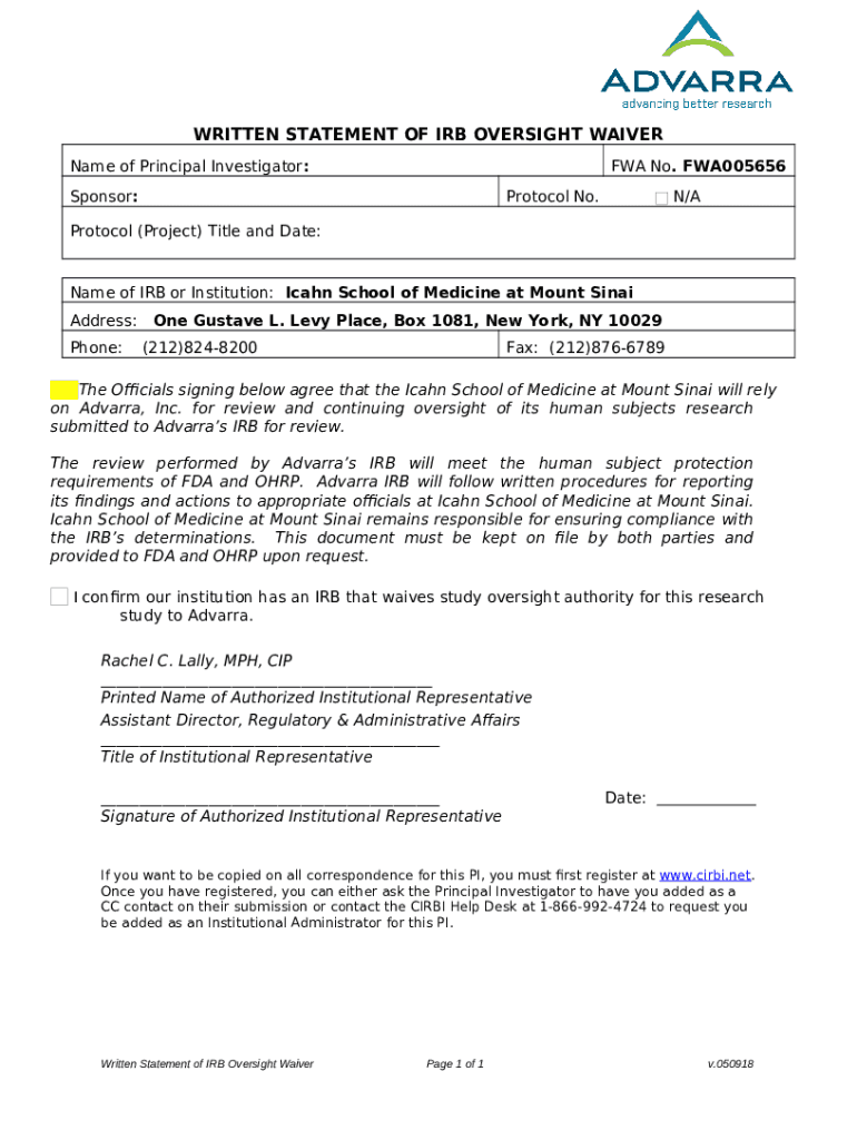 Advarra Statement of IRB Oversight Doc Template pdfFiller