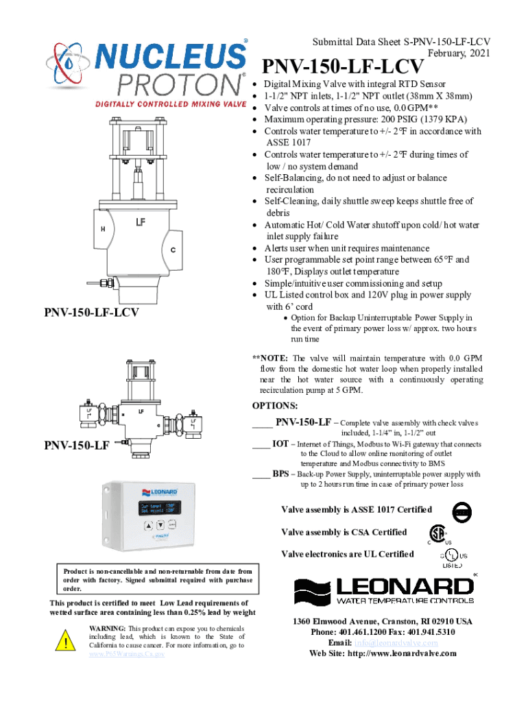 Fillable Online Leonard Valve PNV100LF Proton Electronic Mixing Valve