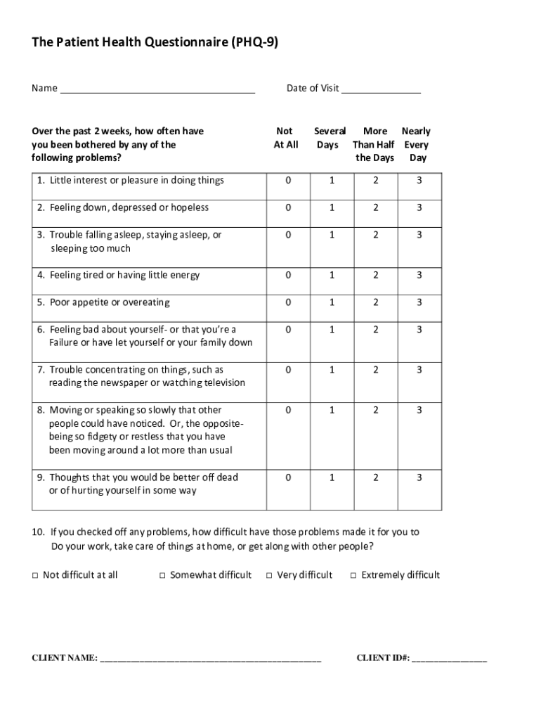 Patient Health Questionnaire PHQ 9 Blank Fillable Template Fill Out Patient Health Questionnaire PHQ 9 Blank Fillable Template Fill Out