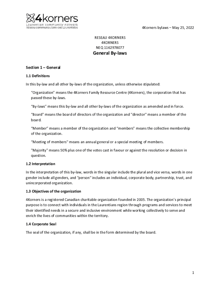 Fillable Online General ByLaws Of The 4 Korners Family Resource Center