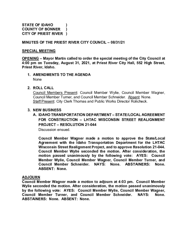 Fillable Online 400 pm on Tuesday, August 31, 2021, at Priest River