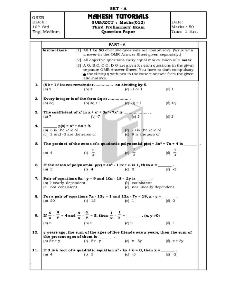 Fillable Online SUBJECT : Maths(012) Fax Email Print - pdfFiller