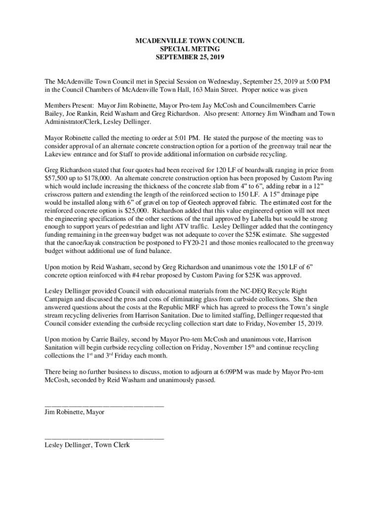 Fillable Online MCADENVILLE TOWN COUNCIL SPECIAL METING SEPTEMBER Fax Email Print pdfFiller