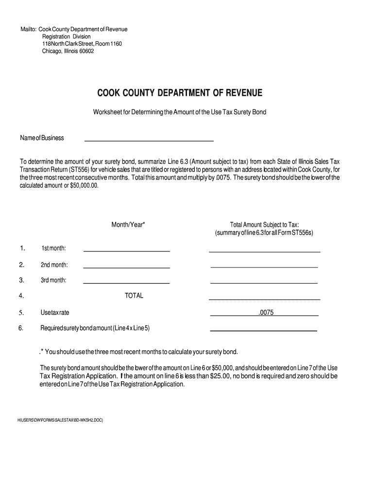 Fillable Online Surety Bond Worksheet Cook County Fax Email Print