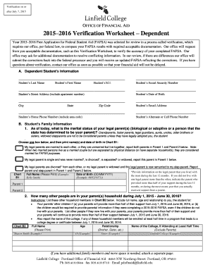 2015-2016 Verification Worksheet - Dependent