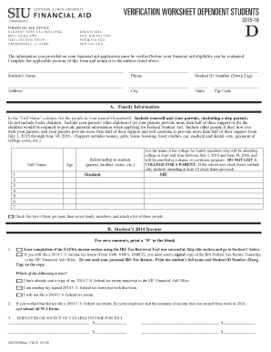 Dependent Students Verification Worksheet