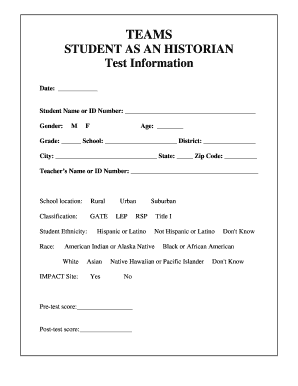Student Historian Test Information Form