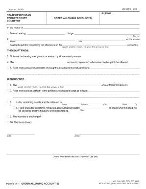 Michigan Probate Court Order Allowing Accounts