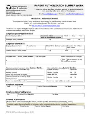 Parent Authorization Summer Work Form