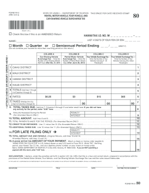 Hawaii RV-2 Rental Vehicle Surcharge Tax Form