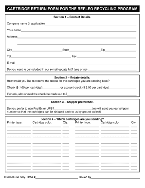Repleo Cartridge Recycling Program Form