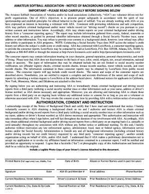 Amateur Softball Association Background Check Consent