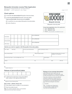Marquette University License Plate Application