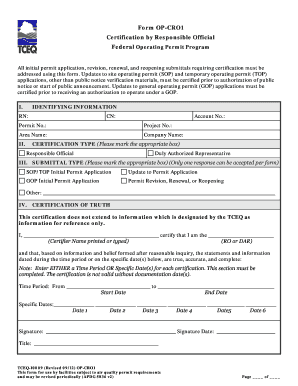 Texas Form OP-CRO1 - Certification by Responsible Official