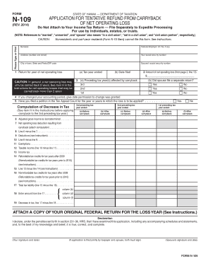 Hawaii N-109 Application for Tentative Refund from Carryback