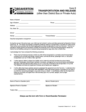 Transportation and Release Form B