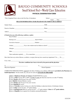 Indiana School Physical Examination Form