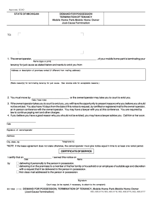 Michigan Mobile Home Park Eviction Notice
