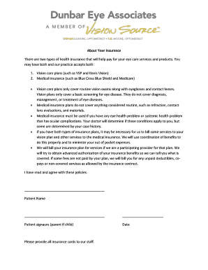 Eye Care Insurance and Medical History Form