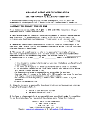 Arkansas Motor Vehicle Delivery Prior to Sale Agreement