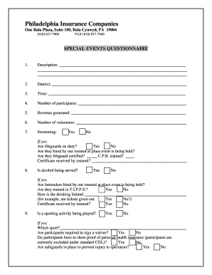 Special Events Questionnaire