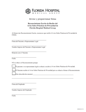Reconocimiento Escrito de Recibo del Aviso Sobre Prácticas de Privacidad de Florida Hospital Medical Group