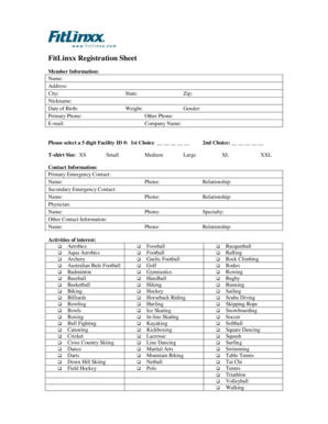 FitLinxx Registration Sheet