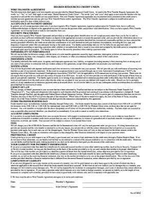 Shared Resources Credit Union Wire Transfer Agreement