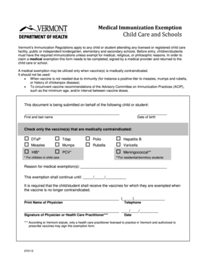 Vermont Medical Immunization Exemption Form