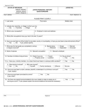 Michigan Juror Personal History Questionnaire