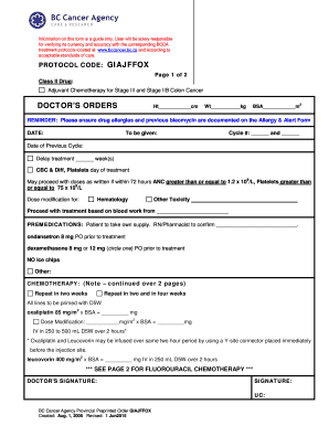 BC Cancer Agency Chemotherapy Order Form