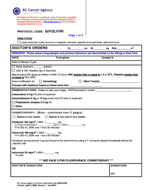 BC Cancer Agency GIFOLFIRI Chemotherapy Order Form