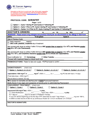 BC Cancer Agency Chemotherapy Order Form
