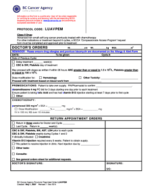 BC Cancer Agency Chemotherapy Order Form LUAVPEM