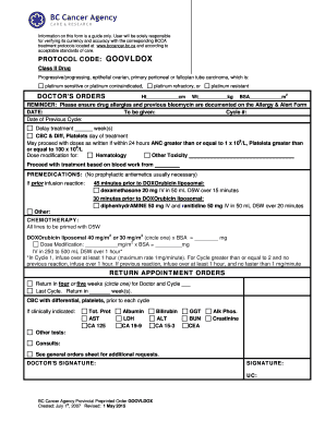 BC Cancer Agency Chemotherapy Order Form
