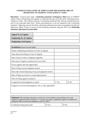 Docketing Statement Civil Agency Cases