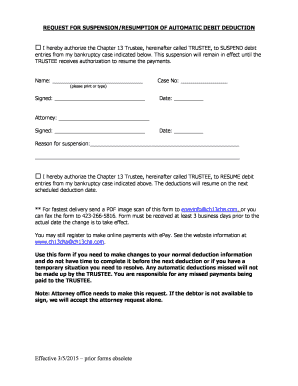 Request for Suspension/Resumption of Automatic Debit Deduction