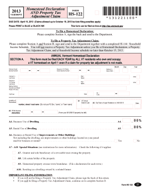Vermont Homestead Declaration and Property Tax Adjustment Form