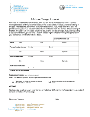 California Address Change Request for Chiropractic License