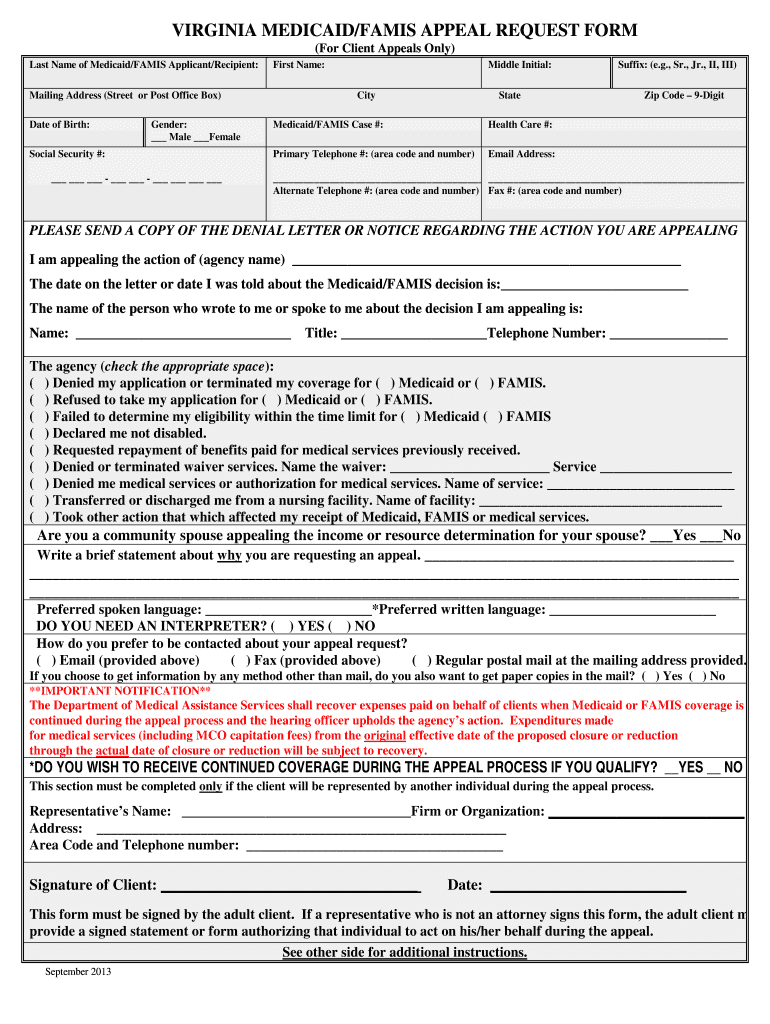 Medicaid FAMIS Appeal Request Form - dmas virginia Preview on Page 1