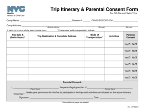 Trip Itinerary & Parental Consent Form