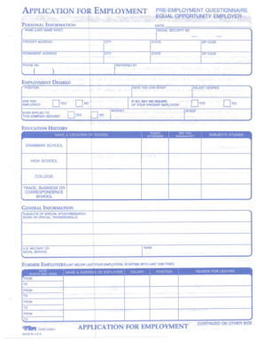 Application for Employment Pre-Employment Questionnaire