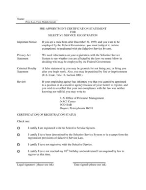 Pre-Appointment Certification Statement for Selective Service Registration