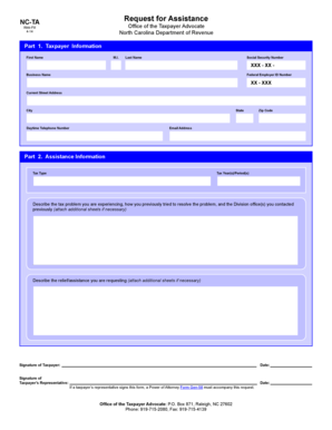 North Carolina Taxpayer Assistance Request Form