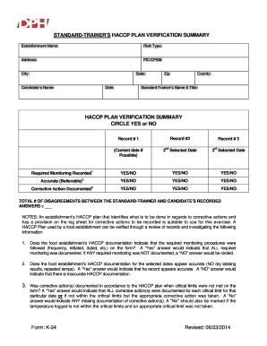 HACCP Plan Verification Summary Form