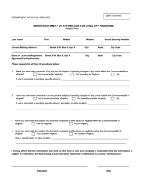 Sworn Statement for Child Day Programs